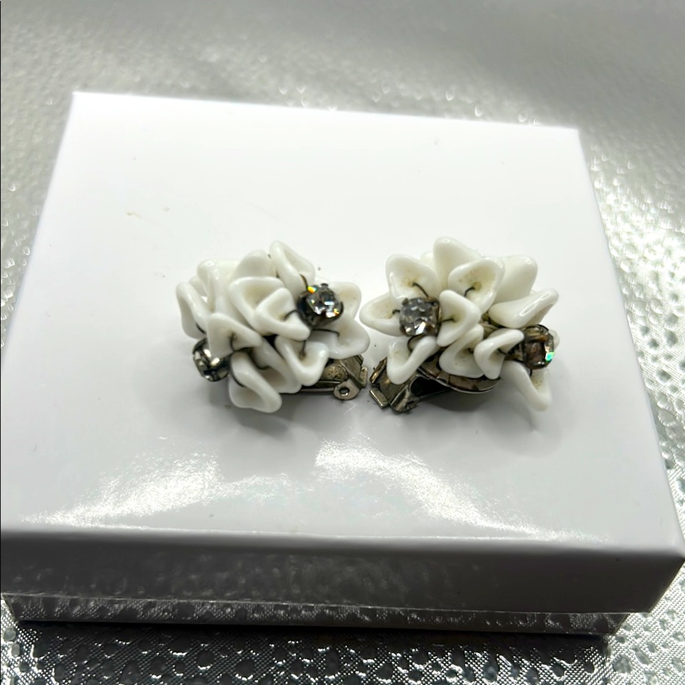 Western Germany made plastic clip floral earrings white rhinestones vintage